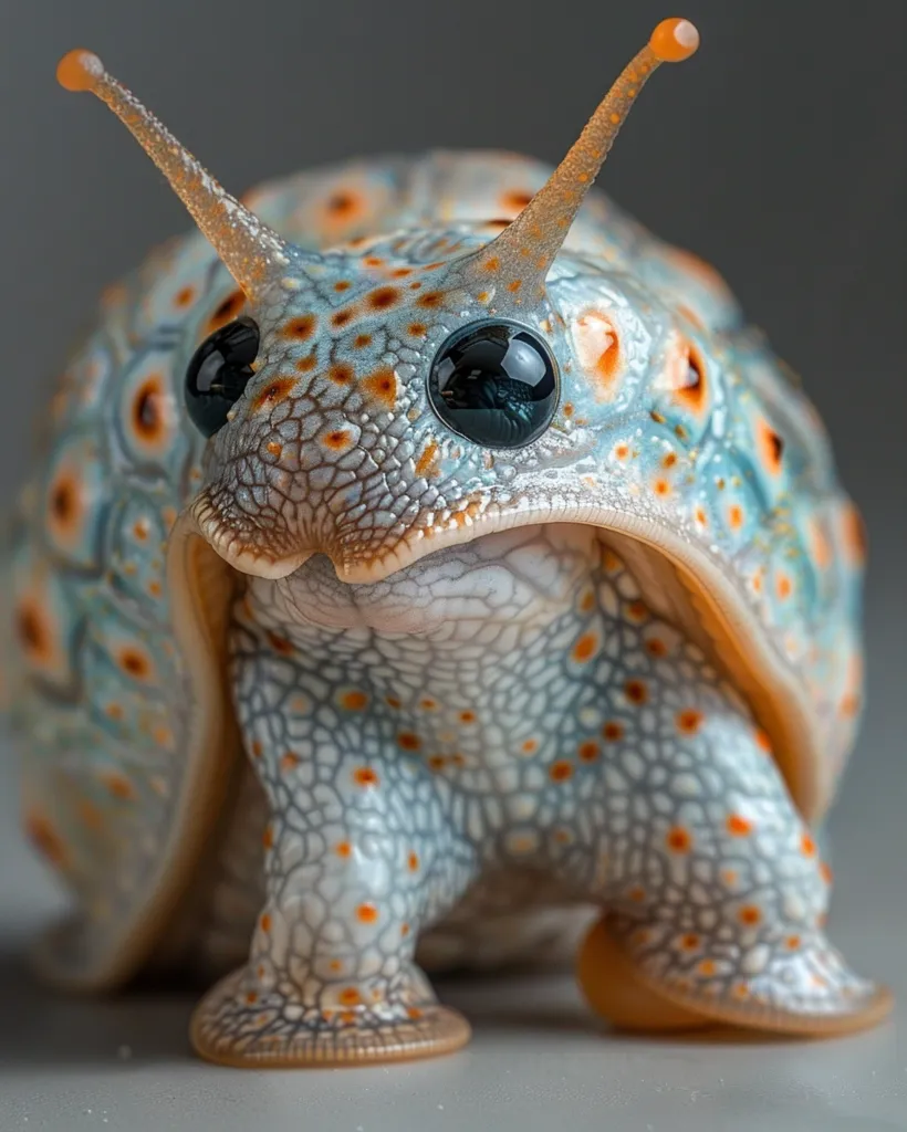 A close-up of a snail with a unique and colorful shell. The snail is standing on its foot, and its large eyes are prominent. The shell is a beautiful blend of blue, white, and orange, with a delicate pattern of dots and lines. The snail's body is also covered in a similar pattern, creating a cohesive and visually appealing image.