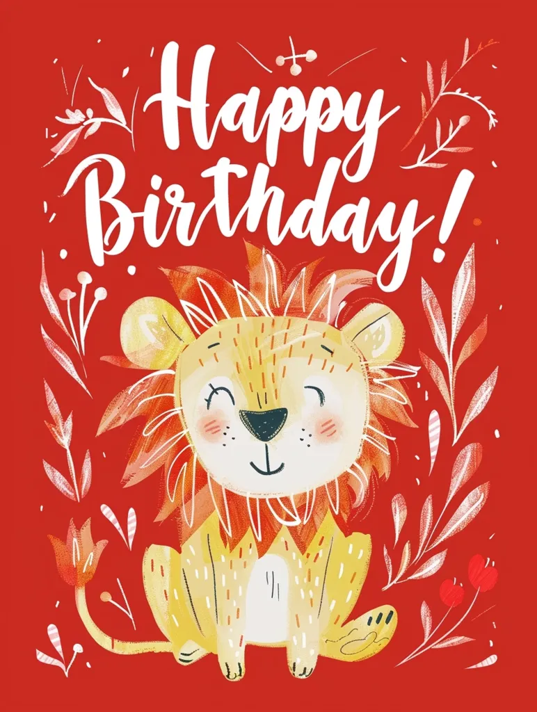 A cute cartoon lion with a big mane sits in the middle of a red background with white floral accents. The text "Happy Birthday!" is written in white, cursive font above the lion.  The lion is smiling and has its tail curled around its legs. The image is cheerful and whimsical.  The lion's eyes are closed, and it has a small, black nose.  The image is perfect for a birthday card.