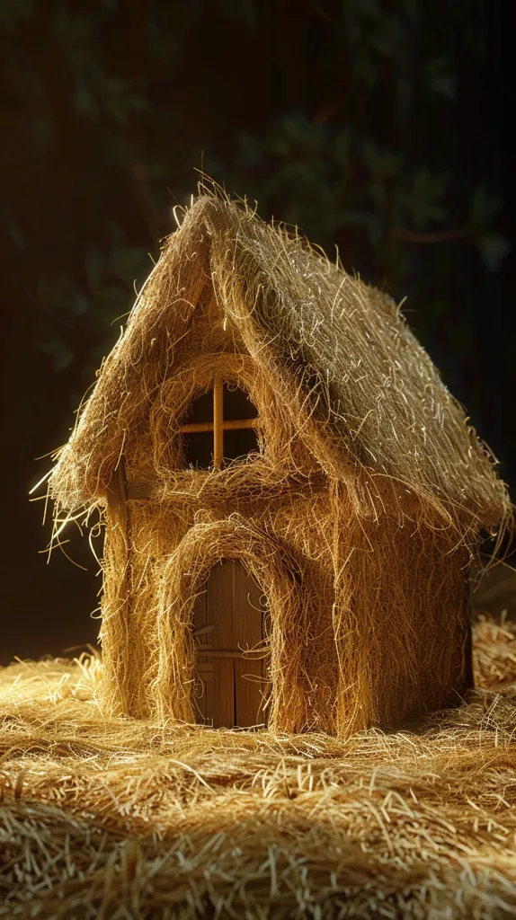 A small, whimsical house made entirely of straw sits on a bed of straw. The house has a small window and a wooden door. The straw is a light brown color and is lit by the sun. The background is a dark, blurred forest. The house looks like something out of a fairytale.