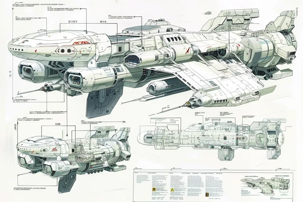 This image is a detailed technical drawing of a futuristic spaceship. It shows the vessel from different angles, highlighting its internal and external features. The drawing includes labels that identify various components, including the engines, wings, and cargo bay. The spaceship appears to be large and complex, suggesting it is designed for long-distance space travel or combat. The clean lines and precise details of the drawing convey a sense of both science and art.