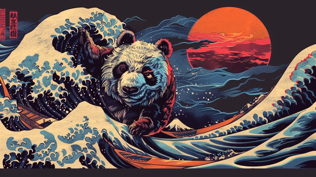 A panda bear rides a large wave, inspired by the famous "Great Wave off Kanagawa" woodblock print by Japanese artist Hokusai. The wave is a vibrant blue and white, with a red sun setting in the background. The panda is a mix of black and white fur, with red and blue accents. The art is detailed and stylized, with a sense of motion and power.  The image is a playful and unique interpretation of a classic piece of art.