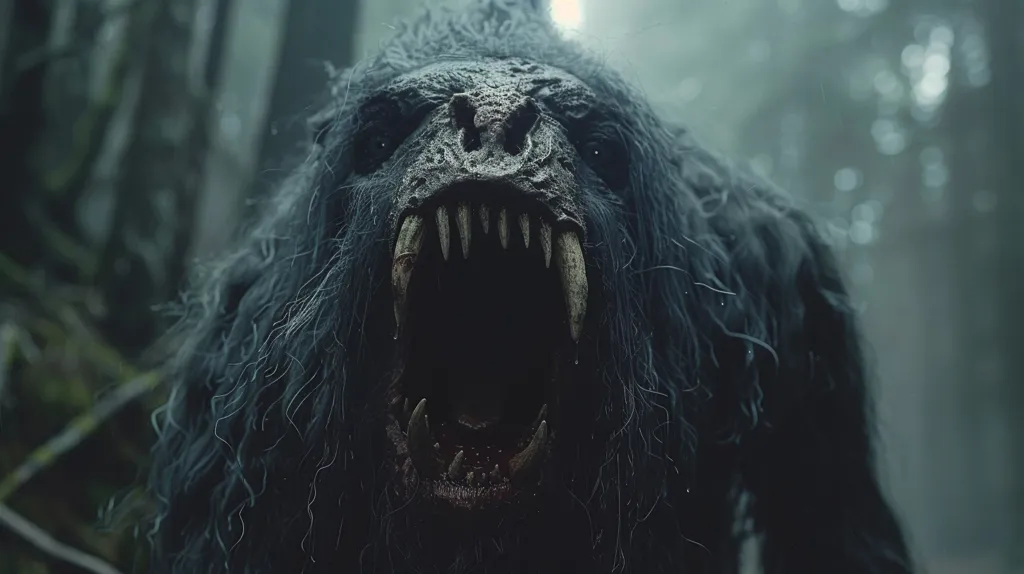 A close-up shot of a monstrous creature with a large mouth full of sharp teeth. Its fur is dark and matted, and its eyes are filled with a malevolent gleam. The creature is standing in a misty forest, its silhouette barely visible against the blurry background.  The image evokes a sense of fear and dread.