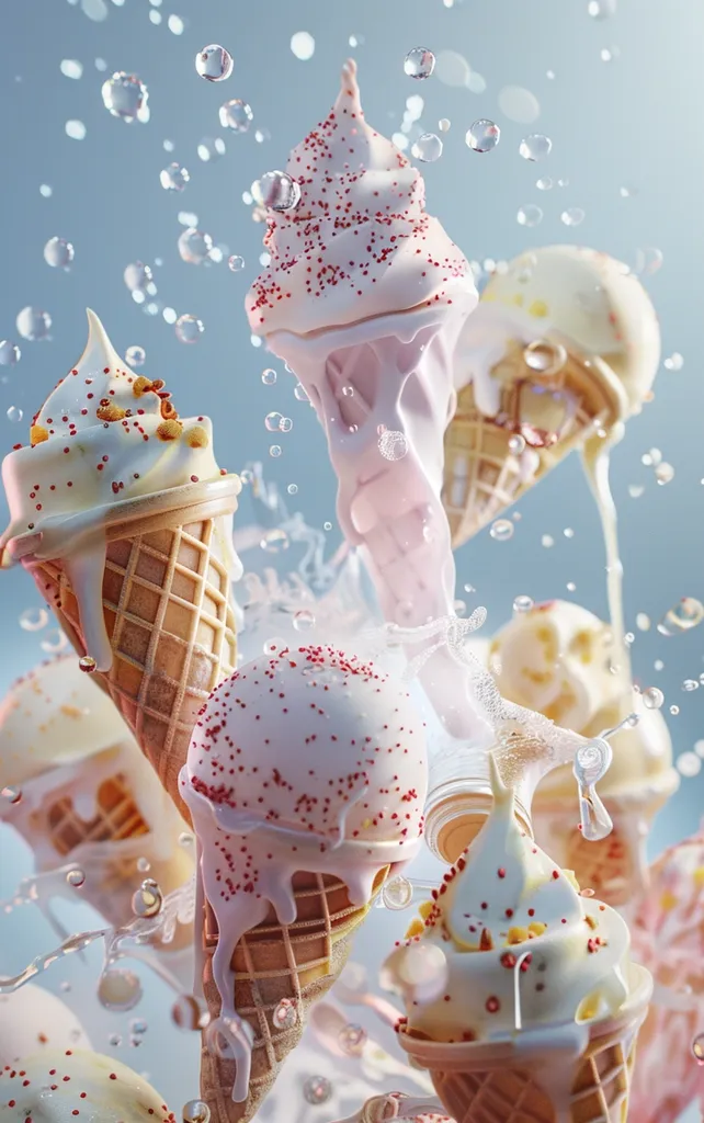 A close-up shot of several ice cream cones covered in red sprinkles. The ice cream is melting and dripping down the cones, surrounded by a splash of water. The background is a soft blue, with water droplets floating in the air. The image is a fun and playful depiction of the joy of eating ice cream.