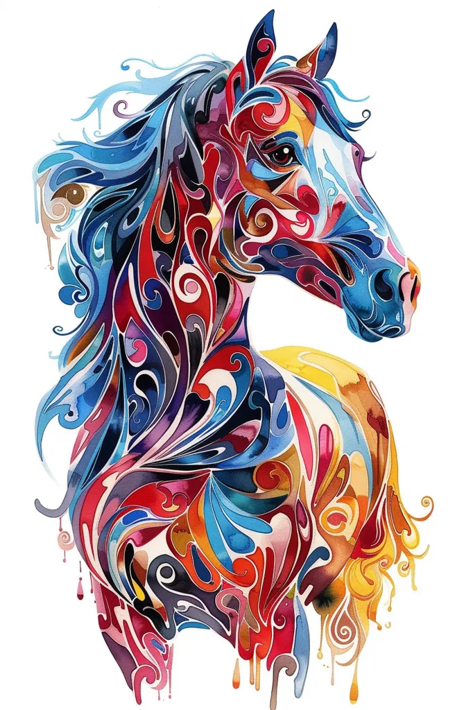 A colorful and abstract depiction of a horse's head. The image is made up of flowing lines and swirls of various shades of red, blue, yellow, green, and purple, creating a visually captivating and artistic representation of the animal.  The horse's mane and tail are flowing and dynamic, adding to the overall energy and movement of the piece. The detailed patterns and intricate design give the impression of a horse in motion. The use of vibrant colors and the abstract style make the image visually striking and memorable.