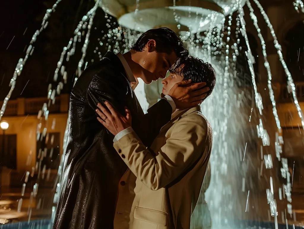 Two men stand close, their foreheads touching, in front of a fountain at night. The man in the black suit holds the other man's face in his hand. Water cascades down from the fountain, creating a romantic atmosphere. The man in the tan suit has his arm wrapped around the man in the black suit. The background is blurred with soft lighting.