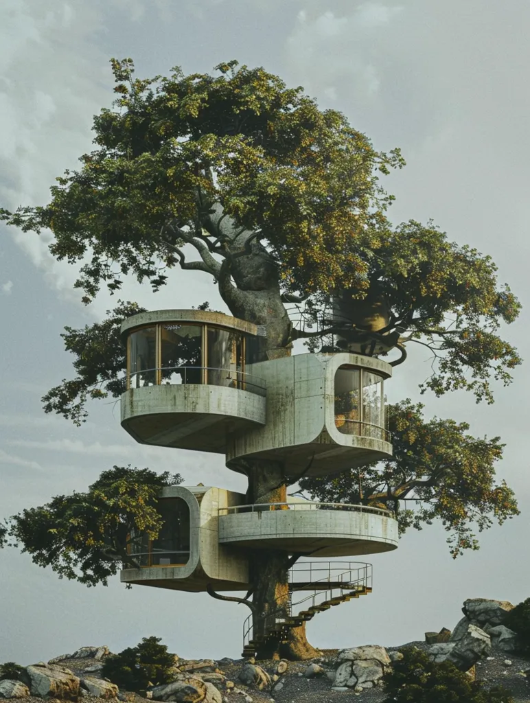 A large tree with thick green leaves supports a futuristic, multi-level treehouse. The treehouse is made of concrete and features rounded balconies and large windows. A spiral staircase wraps around the trunk of the tree, leading to the upper levels. The house is nestled amongst rocky terrain, and the sky is a soft, cloudy blue.  The entire image has a whimsical and modern feel.