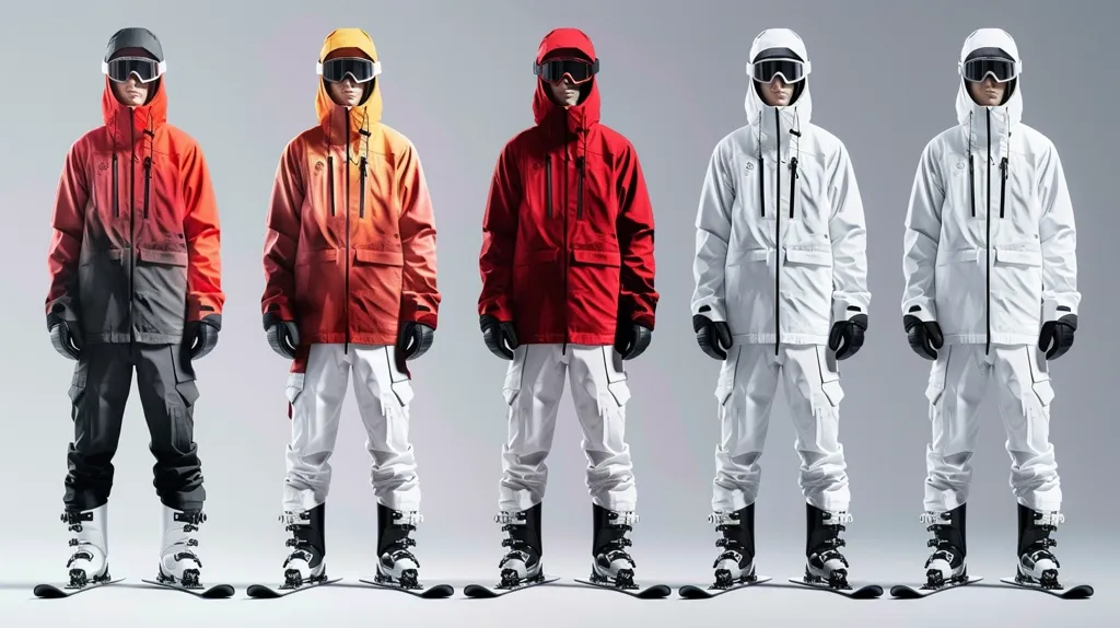 Five men stand in a row, facing forward, all wearing ski gear and holding ski poles. They are all wearing white pants and black ski boots, but their jackets vary in color. The first man is wearing a black and red jacket, the second is wearing an orange jacket, the third is wearing a red jacket, and the last two are wearing white jackets. They are all wearing goggles on their heads and have serious expressions.