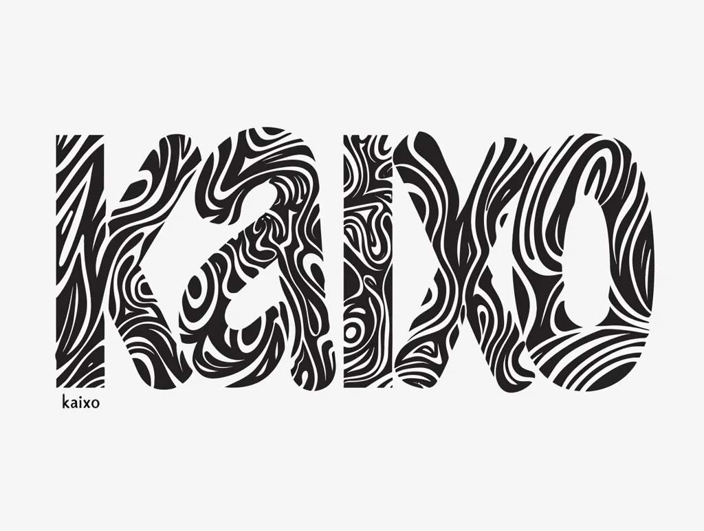 The image displays the word "KAIXO" in bold, black, stylized lettering. Each letter is filled with a complex, swirling pattern of lines and curves, resembling a maze or an abstract organic form. The word is centered against a white background, creating a stark contrast. The intricate design adds a visually interesting and slightly chaotic element to the simple word.