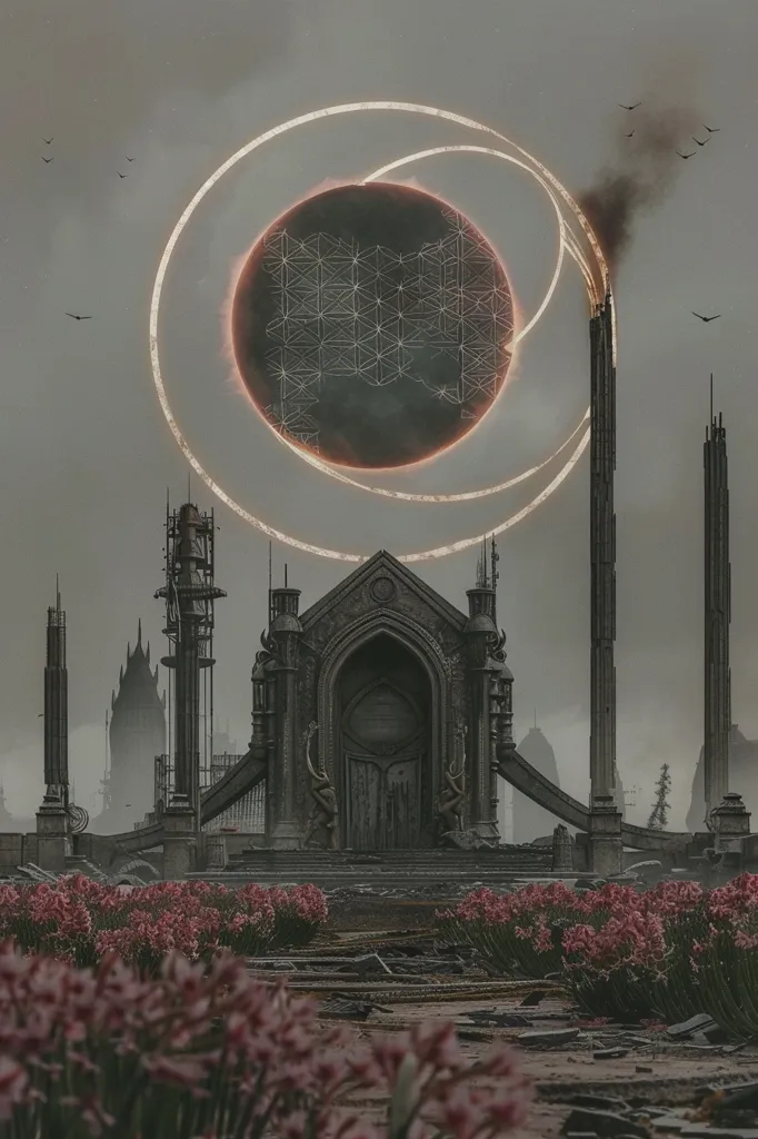 A large, ominous, gothic structure stands in the foreground. It is adorned with intricate details and a large, imposing doorway. Behind it, a dark orb, surrounded by a glowing ring, hovers above the cityscape. The scene is filled with a sense of mystery and foreboding, with the sky being a dull gray.  A field of pink flowers sits in the foreground adding a pop of color to the scene.  The overall feeling is one of desolation and wonder.