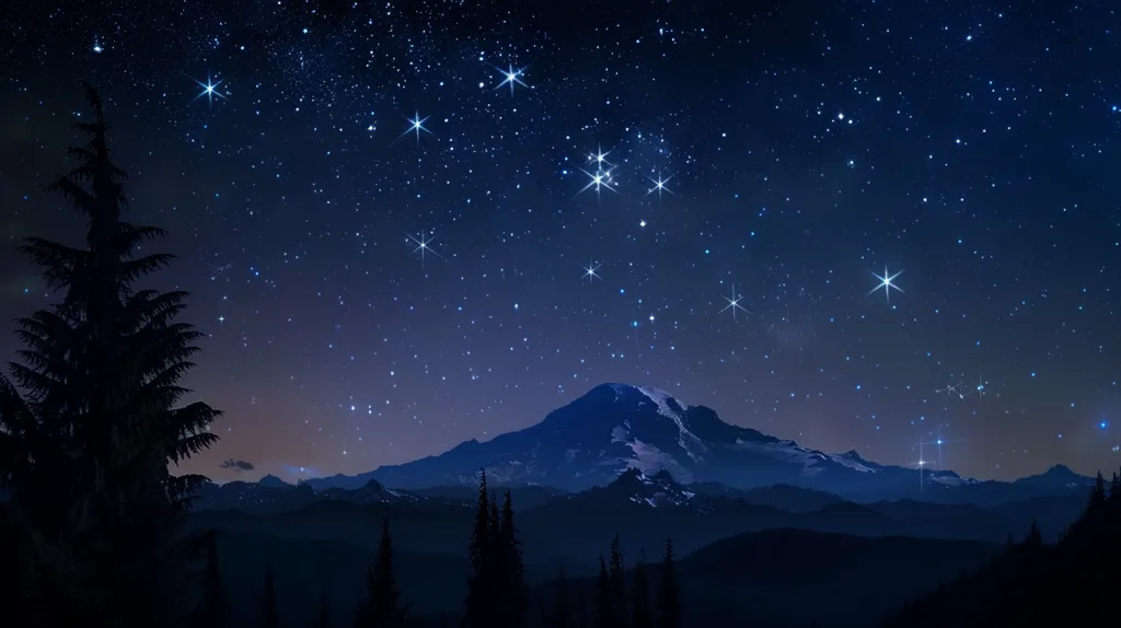 A dark, star-filled sky is above a snow-capped mountain range. The silhouettes of trees on the left of the image frame a view of the sky. The mountains are in the background of the image, with the peaks barely visible through the darkness.  The bright white stars against the dark sky, creates a stunning contrast.