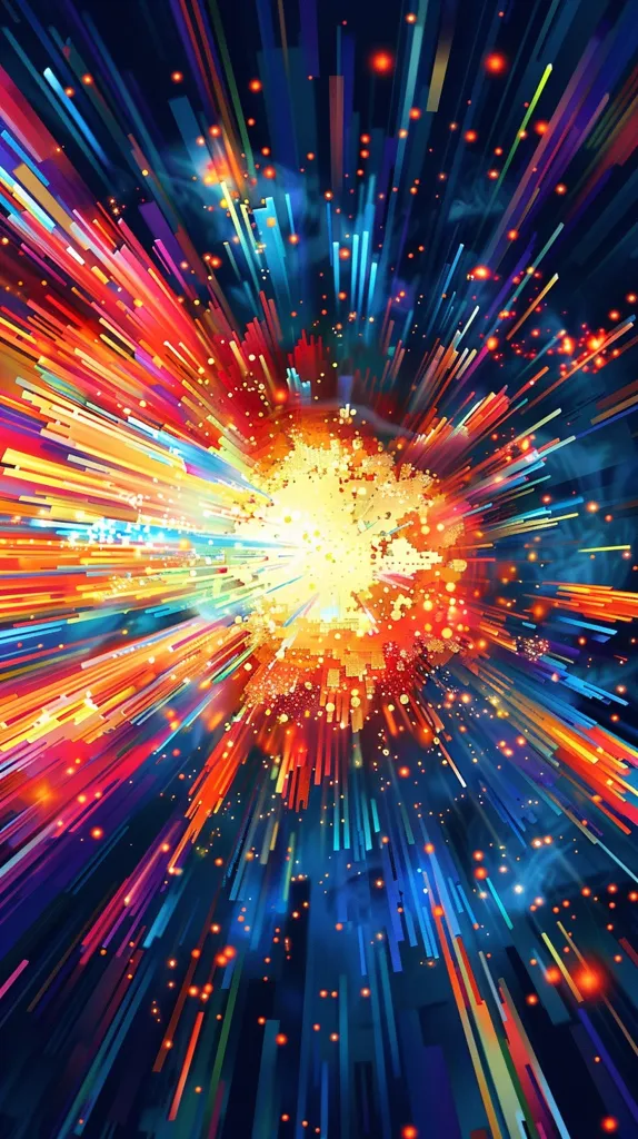 The image depicts a vibrant explosion of color. It features a central point of bright yellow and orange, surrounded by a burst of radiating lines in various shades of red, orange, yellow, blue, green, and purple. The background is a deep blue, with small, scattered red dots, adding depth and texture. The overall effect is a dynamic and energetic display of color and light.