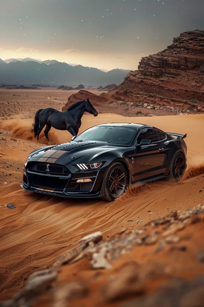 A black Ford Mustang Shelby GT500 drives through the desert sand, with a black horse running alongside it. The car is in focus, and the horse is partially obscured by sand.  The background is a desert landscape with mountains in the distance and a starry sky above.  The scene is dramatic and powerful.  The lighting is soft and the colors are muted. The image evokes a sense of freedom and adventure.