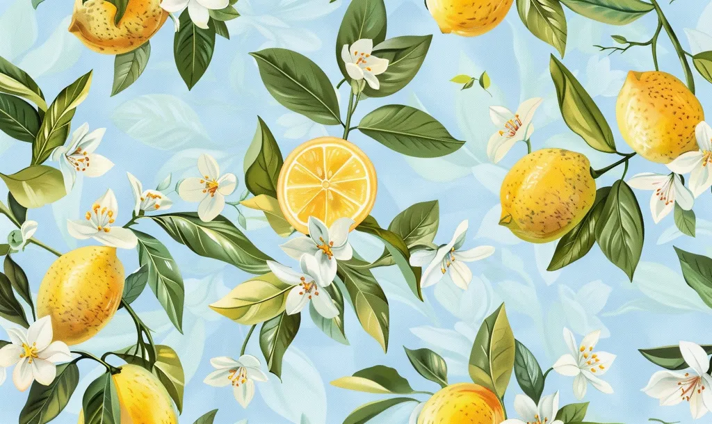 A vibrant pattern of ripe lemons and delicate white blossoms against a soft blue background. The lemons, in various stages of ripeness, are arranged on lush green branches, creating a sense of abundance. The white blossoms, with their delicate petals, add a touch of elegance and fragrance to the scene. The overall effect is one of freshness and summery delight.