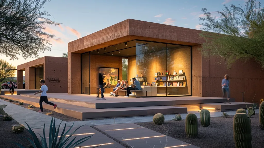 A modern, minimalist building with a large glass facade, showcasing a bookstore interior. People are relaxing inside, while a young boy walks towards the building on a paved path, surrounded by desert landscaping with cacti and shrubs. The building is made of warm, earthy materials, blending seamlessly with the natural surroundings. The sunset casts a golden glow on the scene.