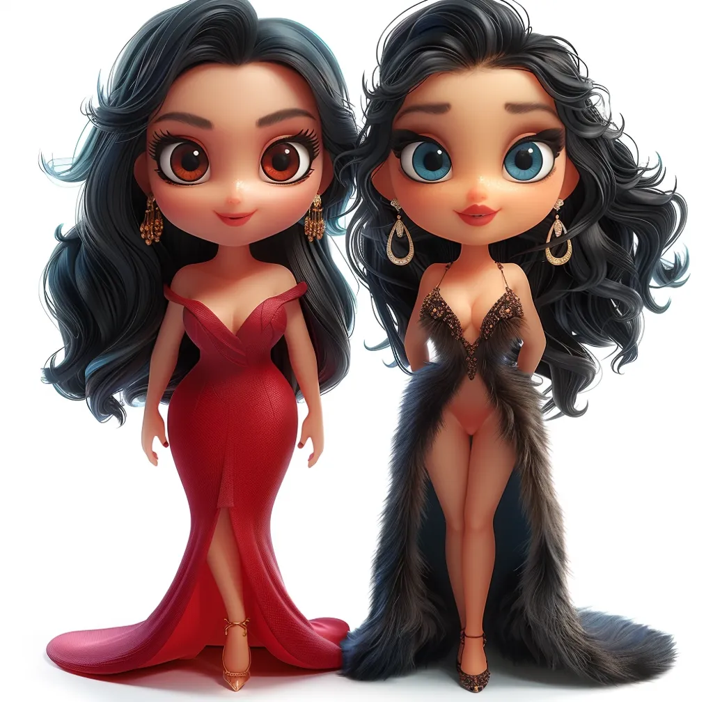 Two cartoon women with large eyes and long black hair stand side-by-side. The woman on the left wears a red gown with a thigh-high slit and gold earrings. The woman on the right wears a black fur coat over a sparkly black dress and gold earrings.  They both have big, expressive eyes and full lips.  The background is white.