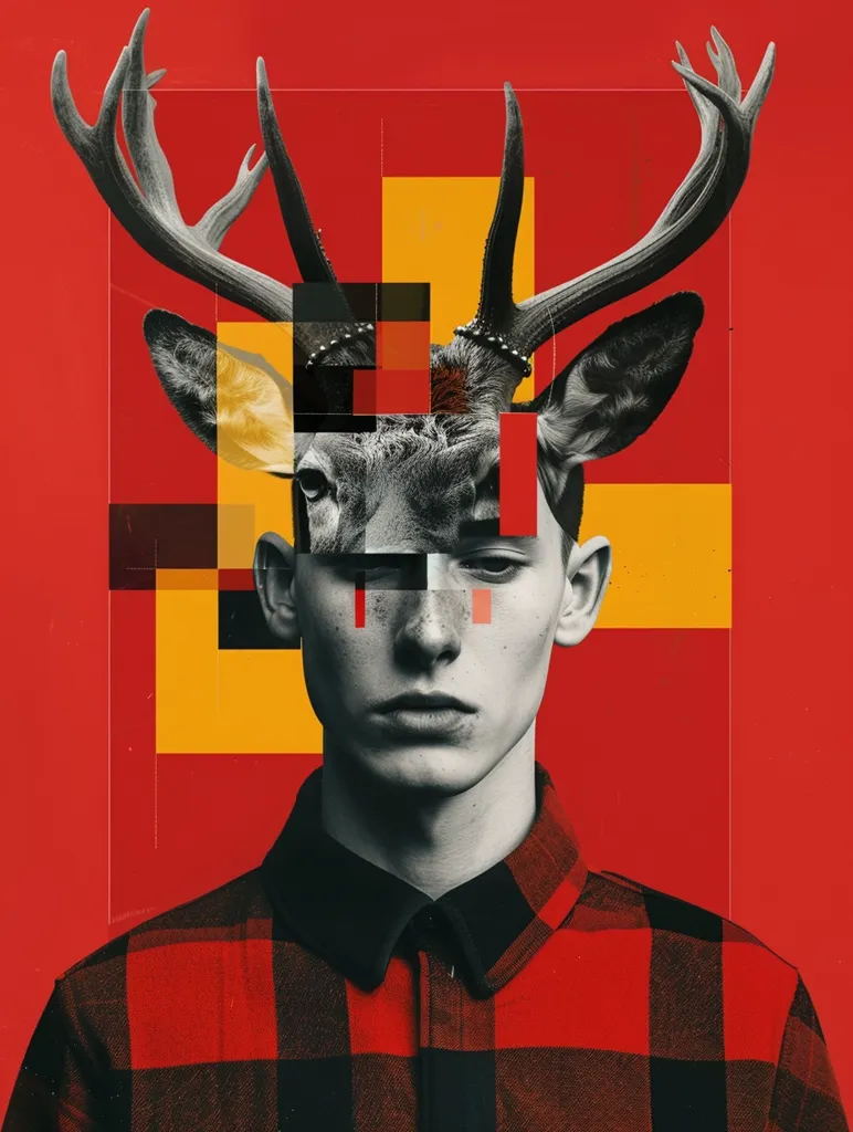 The image is a surreal collage of a man with deer antlers growing out of his head. The man's face is obscured by a grid of squares, while his body is clothed in a red and black plaid shirt. The background is a solid red with yellow squares. The overall effect is jarring and disorienting, suggesting a sense of fragmentation and surrealism.