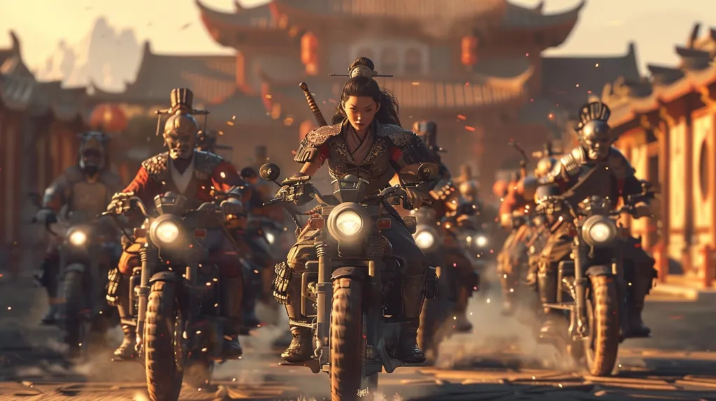 A group of warriors on motorcycles ride through an ancient Chinese city.  The leader, a fierce woman with a katana strapped to her back, leads the pack.  The warriors are clad in armor and have a determined look on their faces as they ride towards a distant, unknown destination.  The golden hour light bathes the scene in a warm, ethereal glow.
