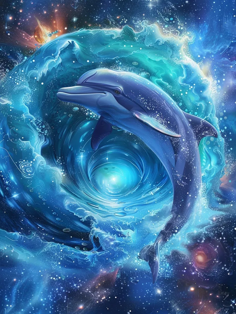 A blue dolphin leaps through a swirling vortex of water, set against a starry, celestial background.  The dolphin's sleek body is highlighted by shimmering, iridescent light, and its tail gracefully propels it through the cosmic current. The scene evokes a sense of wonder and the boundless possibilities of the universe.