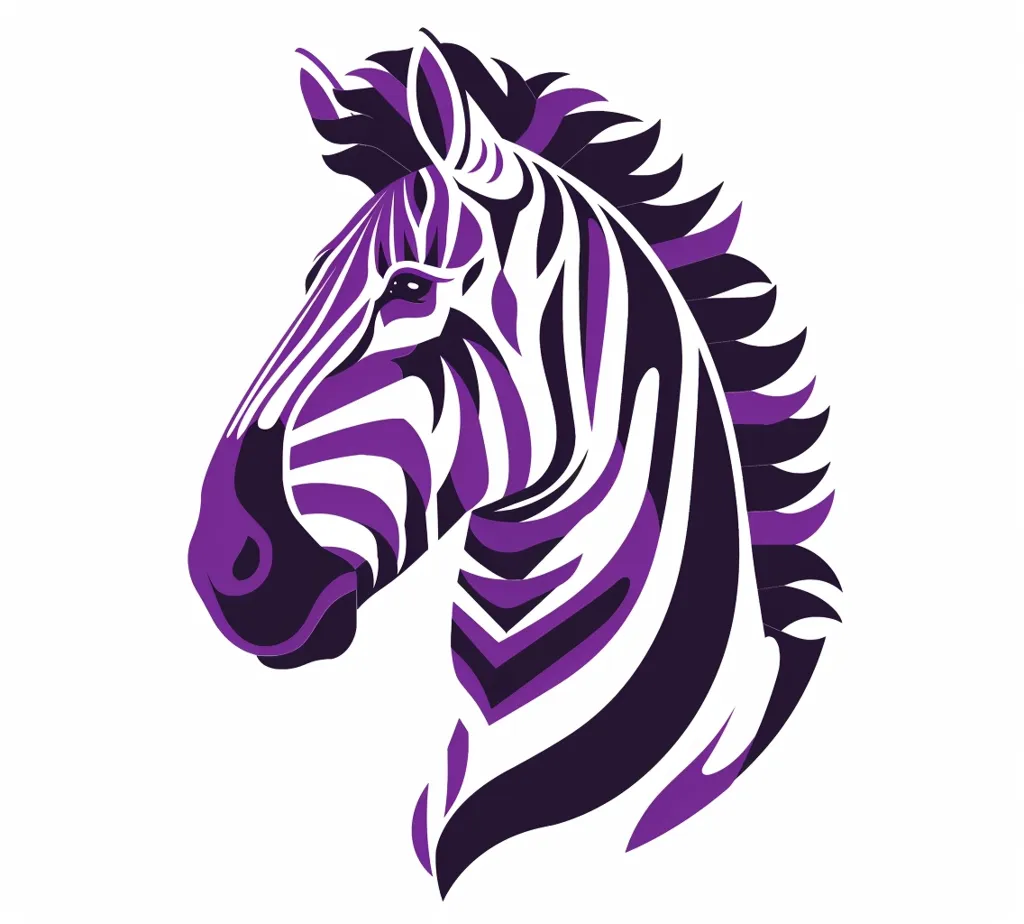 The image shows the head of a zebra, facing left,  in a stylized, graphic style. The zebra is rendered in shades of purple and black. Its stripes are bold and defined, creating a striking visual contrast against the white background. The mane is composed of sharp, pointed lines, giving the zebra a fierce and energetic appearance.  The image evokes a sense of power and wildness.