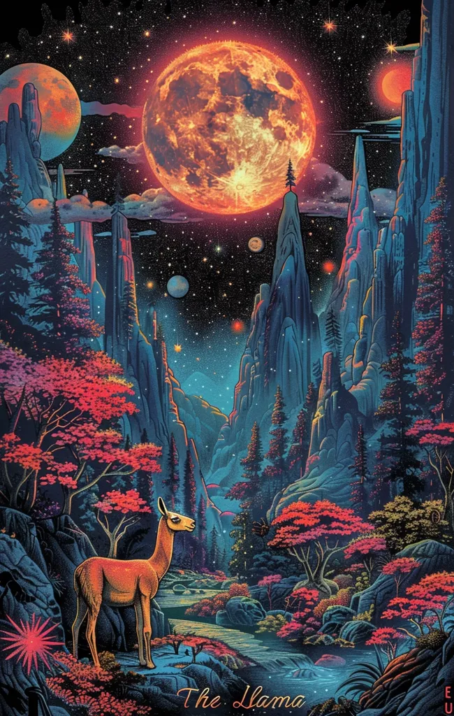 The image depicts a surreal, dreamlike landscape with a llama standing in the foreground. The background is dominated by a massive, glowing red moon and a starry sky. The landscape is filled with colorful, otherworldly rock formations and trees, and a winding river flows through the scene. The overall atmosphere is one of mystery and wonder.