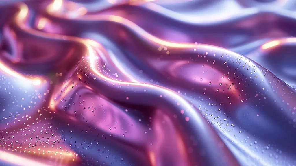 The image shows a close-up of a smooth, iridescent surface with a subtle texture.  The surface is a mix of pink and blue hues, creating a vibrant and ethereal look.  The surface appears to be wet, as small water droplets are scattered across it, reflecting the light in a mesmerizing way. The overall impression is one of fluidity and softness, like a flowing silk fabric.  The colors and texture evoke a sense of luxury and beauty.