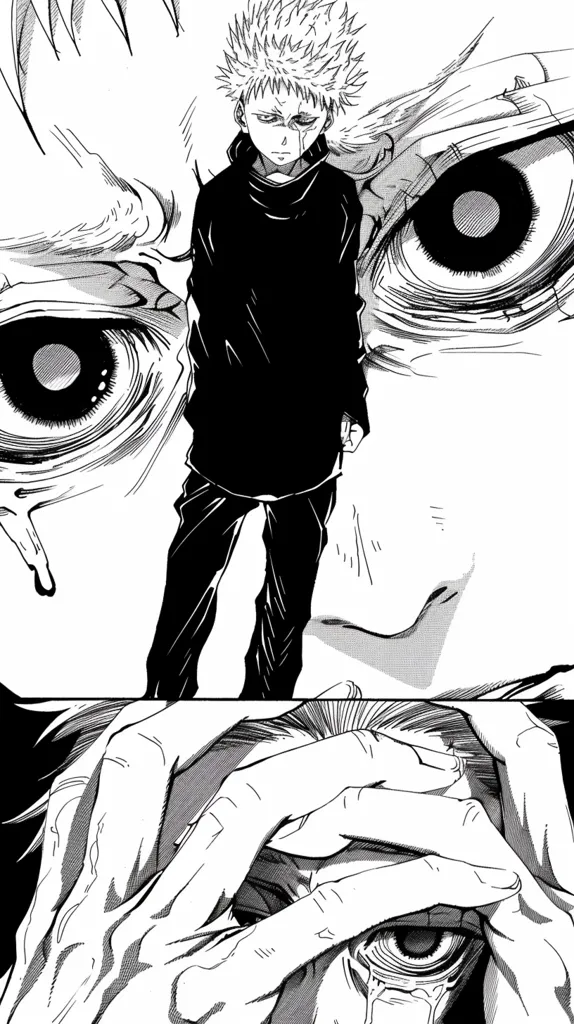 A young man with spiky hair stands in front of a giant, monstrous face. The man wears a black jacket and appears to be distressed. The monster's eye is huge and detailed, with a small tear streaming down its cheek. The image is drawn in black and white, giving it a stark and intense feel. The contrast between the small figure of the man and the overwhelming size of the monster emphasizes the man's vulnerability.