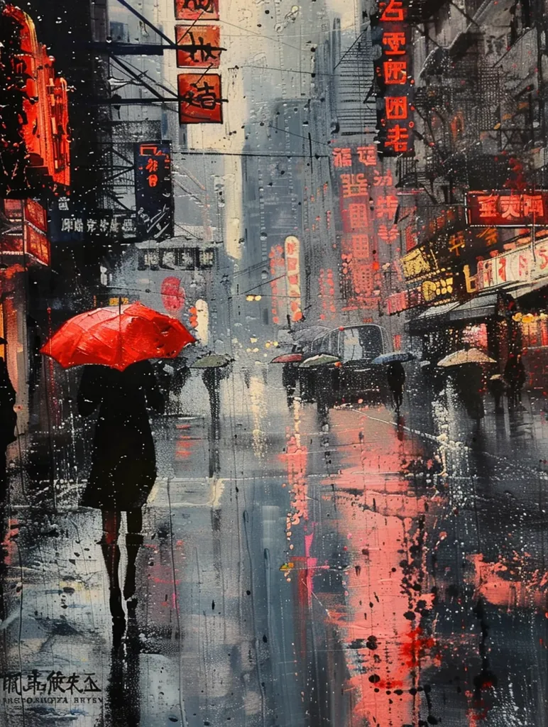 A person with a red umbrella walks down a wet city street. The buildings are tall and grey, with brightly colored signs in Chinese. The street is reflecting the colors from the signs, and the wet pavement is making the scene even more colorful. The painting is a vibrant portrayal of urban life.