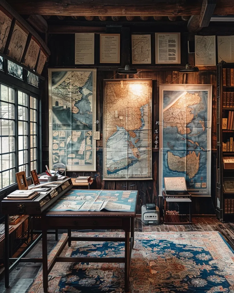 A wooden desk sits in a room with large windows and a rustic, antique feel. The desk is covered with a large, folded map and a variety of other items, including writing tools and a small framed picture. Three large maps hang on the wall behind the desk, depicting various geographical features, likely of Asia. A bookshelf filled with books sits in the corner of the room, adding to the sense of history and knowledge. The room's aesthetic suggests a space for studying, contemplation, and exploration.
