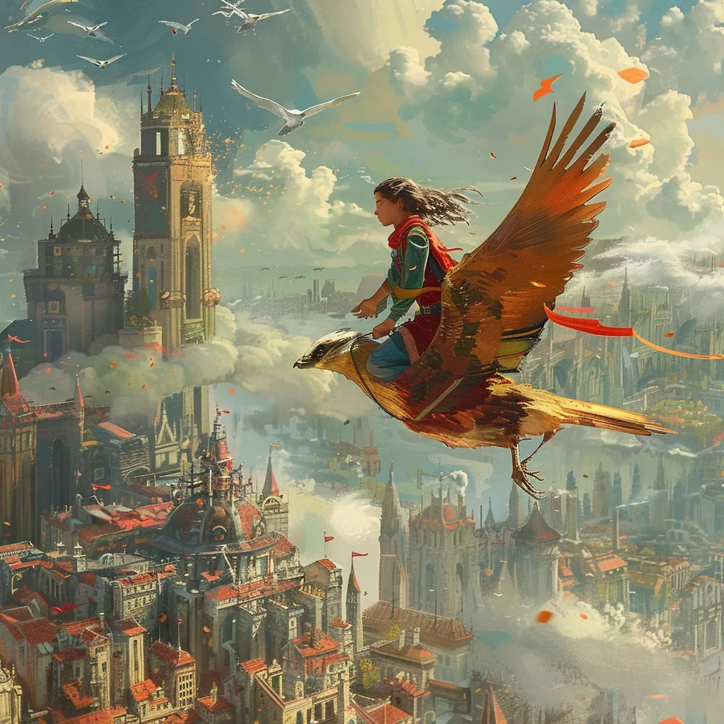 A young woman in red and blue clothing rides a golden-brown bird soaring over a sprawling, fantastical city. The city is made of brick and stone, with tall towers and narrow streets. The sky is a brilliant blue with fluffy white clouds, and the sun casts long shadows across the landscape. The woman looks determined and free, as if she is on an important mission. The image evokes a sense of adventure and wonder, suggesting a world of magic and possibility.