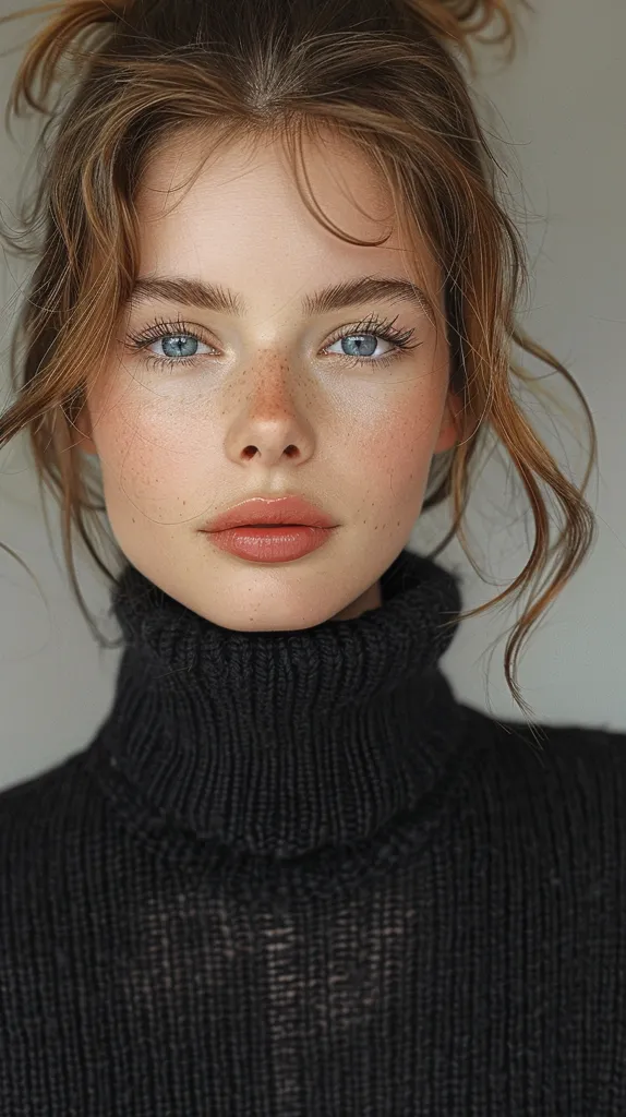 A young woman with long, wavy brown hair, wearing a black turtleneck sweater, looks directly at the camera. She has light skin with freckles and blue eyes. Her hair is partially pulled back into a loose bun. The background is a simple, off-white color, drawing attention to her features.  Her expression is neutral and serene.