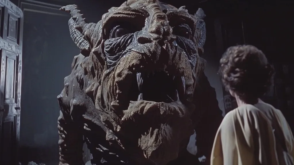 A monstrous, scaly creature with sharp teeth and horns stands in a darkened room. It is facing a young woman in a white robe, who appears frightened. The monster's expression is menacing, its eyes wide and its mouth agape. The scene is lit by an eerie, shadowy light, creating a sense of dread and suspense.  The image evokes a sense of horror and the unknown, suggesting a confrontation between a vulnerable human and a powerful, dangerous being.