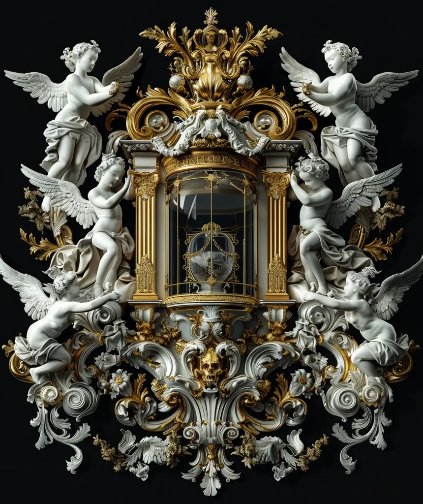 A golden and white ornate frame surrounds a glass case with a white object inside. The frame is adorned with cherubs and intricate floral details. The cherubs are depicted in various poses, some holding objects or looking up, while others are gazing downwards. The frame is set against a black background. The overall effect is one of opulence and grandeur.