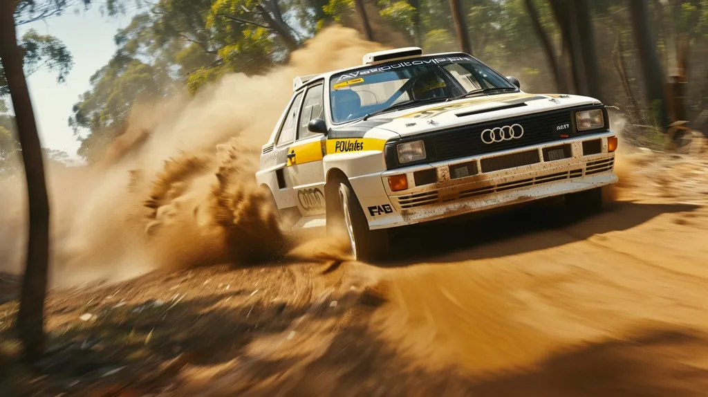 A white Audi Quattro rally car speeds through a dirt road, kicking up a cloud of dust. The car is adorned with yellow accents and bears the words "POULATES" and "FAB" on its body. The trees and the background blur as the car navigates a sharp turn, highlighting the thrill and speed of the race.