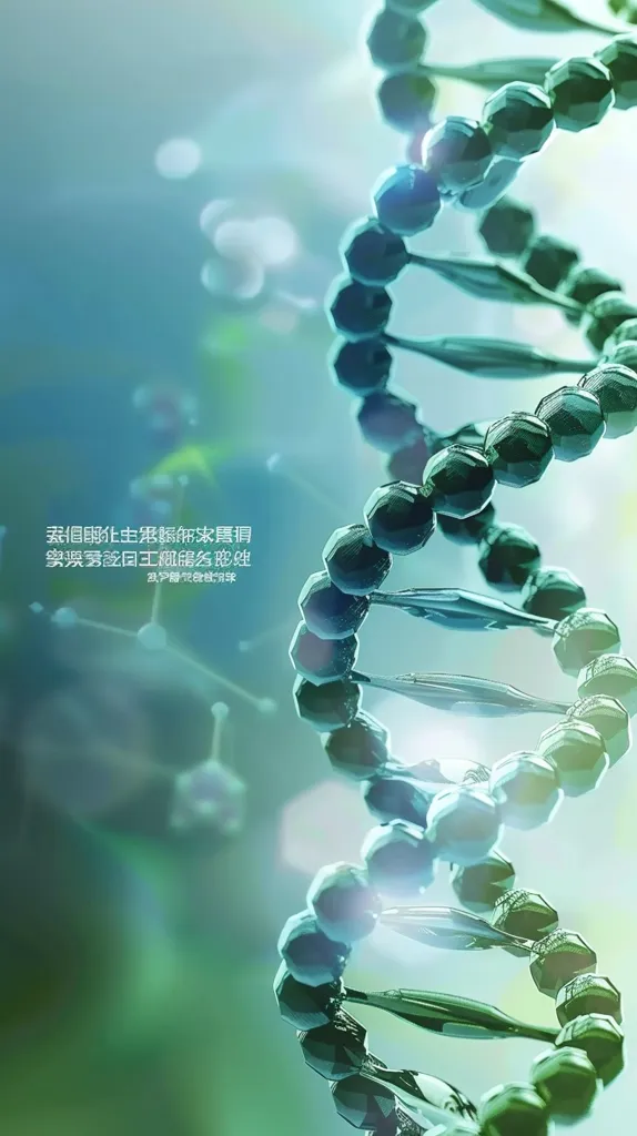 The image shows a close-up of a DNA double helix, rendered in a 3D style. The helix is made up of beads connected by thin strands, and it twists and turns against a light blue background with a blurred, green undertone. The image is likely meant to represent the complexity and beauty of genetic information.  Chinese characters on the left side of the image likely relate to the scientific concept.