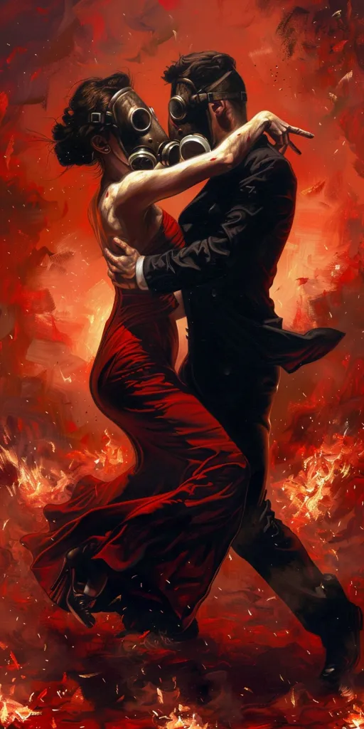 A man and a woman are dancing in a passionate embrace.  The woman is wearing a red dress, and the man is wearing a black suit. Both wear gas masks and their faces are obscured.  They dance against a backdrop of fiery orange and red, creating a dramatic and ominous atmosphere.  The setting suggests a world in turmoil or decay.