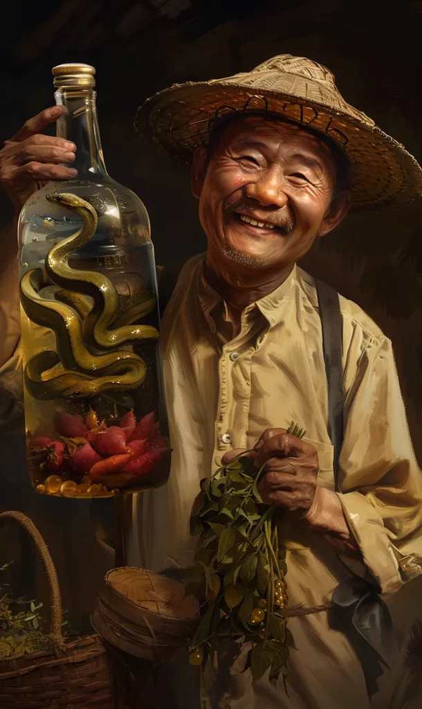 A man with a wide smile holds a large glass bottle filled with a snake and vegetables. He is wearing a straw hat, a light colored shirt, and suspenders. He is holding a bundle of green leafy plants in his other hand.  The man looks like he is in the process of selling his wares. The image has a warm and earthy tone, and the man's joyful expression is a stark contrast to the image of the snake in the bottle.