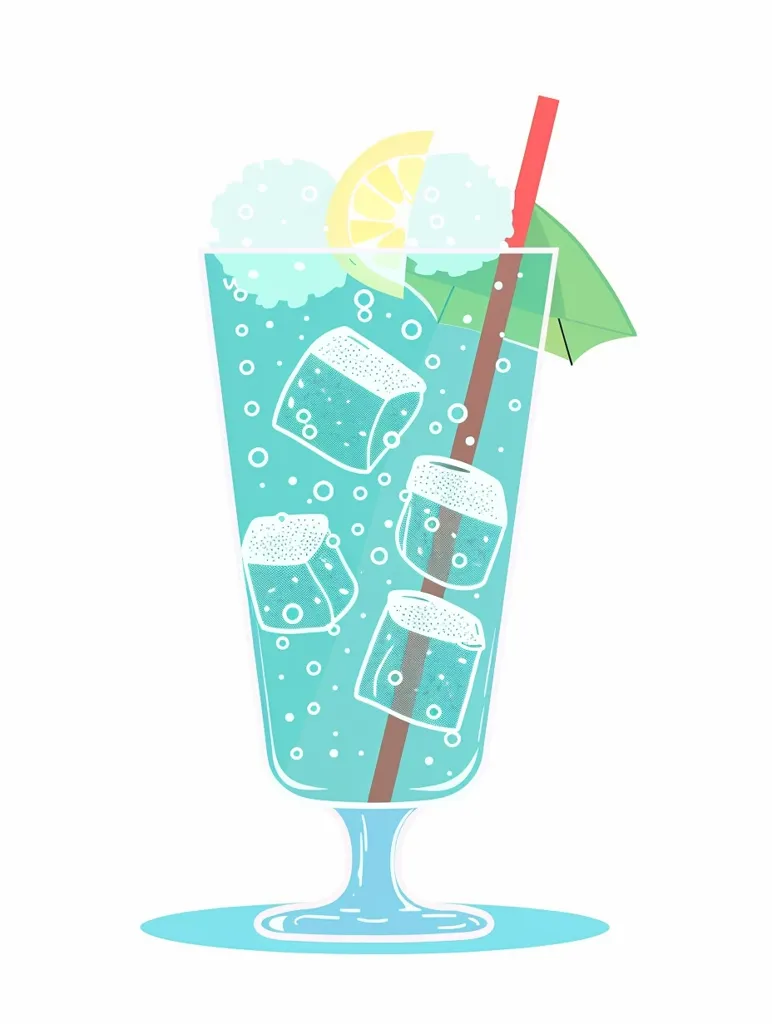 A tall glass filled with a refreshing blue drink, adorned with ice cubes, a lemon wedge, and a red straw. The drink is topped with a garnish of a green leaf, adding a touch of color and freshness. The glass rests on a light blue coaster, creating a vibrant and inviting scene.