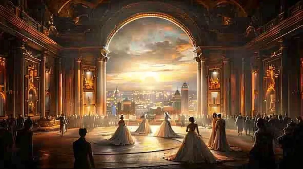The image depicts a grand hall with a large archway revealing a cityscape at sunset. The hall is adorned with ornate architecture and lit by warm, golden light. Several figures in elegant gowns stand before the archway, while a large crowd gathers behind them. The scene evokes a sense of grandeur and ceremony.