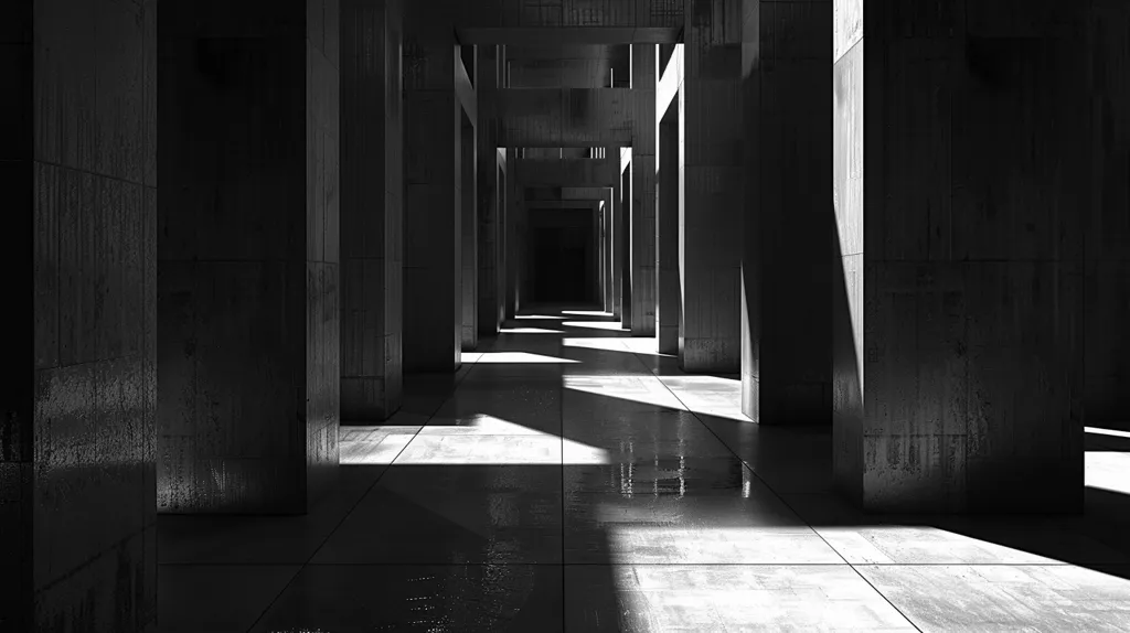 The image shows a long, narrow hallway with concrete pillars on either side. Light streams in from the top, casting long shadows on the floor. The walls are smooth and gray, creating a sense of emptiness and isolation. The hallway appears to lead to a dark, undefined space in the distance.  The image evokes a sense of mystery and the unknown.