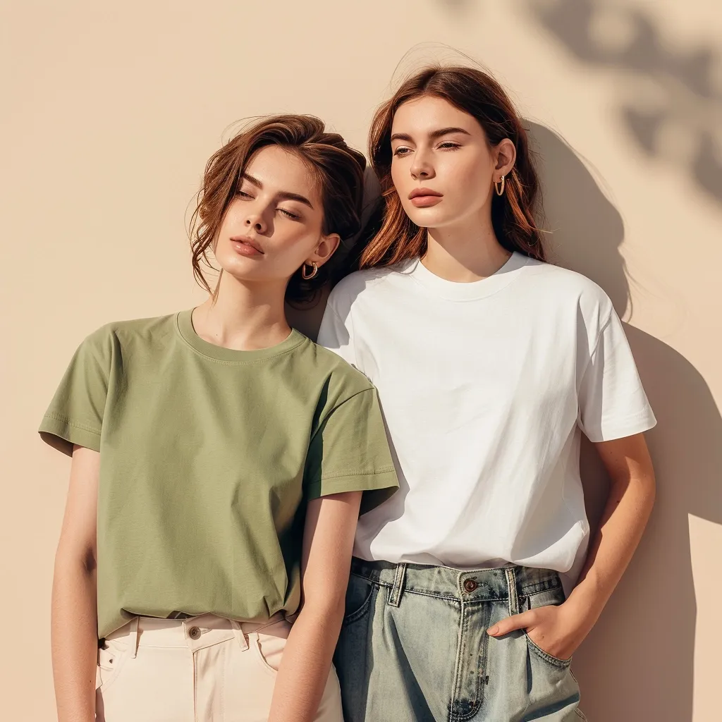 Two young women are standing close together against a light beige wall. The woman on the left is wearing a green t-shirt, while the woman on the right is wearing a white t-shirt. They both have long brown hair and are looking at the camera. The woman on the left has her eyes closed, while the woman on the right has her eyes open. They are both wearing simple, casual clothing. The lighting in the image is soft and warm, creating a relaxed and intimate mood.