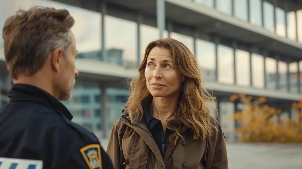 A man in a police uniform stands facing a woman in a brown jacket. The man has short brown hair and is looking at the woman. The woman has long brown hair and is looking at the man with a slight smile. The background is blurred, showing a modern building with large windows. The scene is likely a conversation between a police officer and a civilian.  The mood is neutral, possibly even slightly anxious, with a sense of uncertainty in the air.