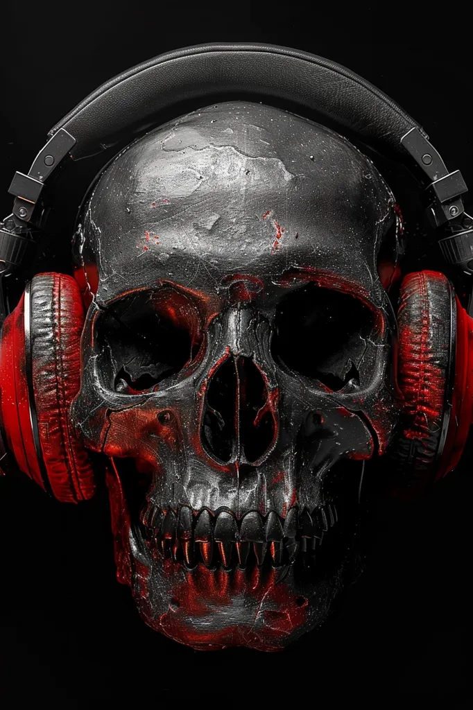 A human skull is wearing large red headphones. The skull is rendered in a dark, gritty style with a black and red color scheme. The headphones are black with red accents. The skull's empty eye sockets and open jaw add to the image's eerie and ominous atmosphere.