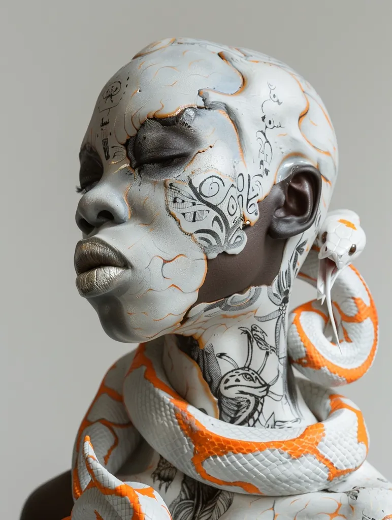 The image shows a close-up of a person's face and neck covered in intricate black and white body paint. The design features flowing patterns, seemingly inspired by nature. The person's eyes are closed, and their lips are painted silver. A white snake with orange accents wraps around their neck. The background is a simple grey, focusing the attention on the detailed artwork on the person's skin.