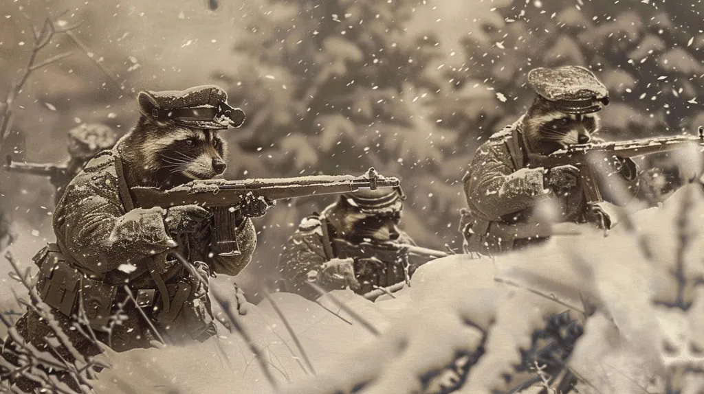 Three raccoons are dressed as soldiers, holding rifles and standing in a snowy battlefield. They are wearing winter gear and have serious expressions on their faces. The image is in sepia tone, giving it a vintage look. The snow is falling and the scene is quiet and tense.