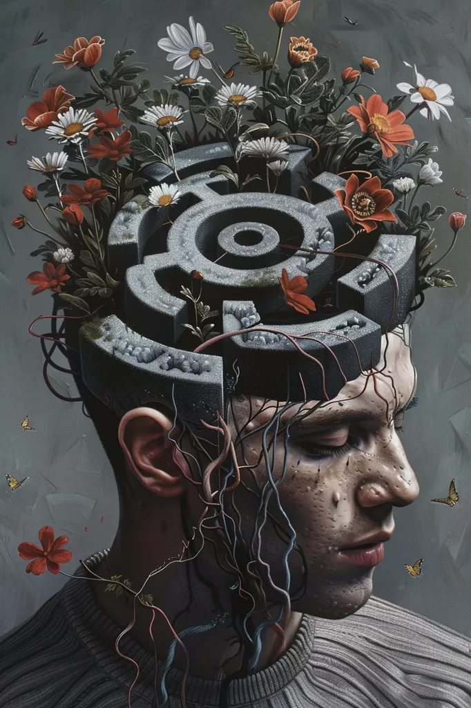 A man's head is partially replaced with a gray, circular maze, overgrown with red and white flowers. Delicate vines sprout from the maze, wrapping around his face and neck. The image is surreal and thought-provoking, depicting a potential struggle between the rational and the emotional. Butterflies flutter in the background, adding a touch of whimsy.  The man's expression is pensive, suggesting contemplation of the complexities of the human mind.