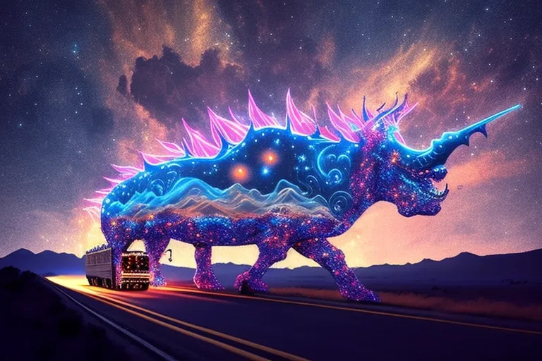 A large, blue and purple creature resembling a rhinoceros walks down a road. It is covered in glowing stars and clouds. The creature appears to be made of light. A train is visible in the background. The scene is set against a starry sky with a few clouds.