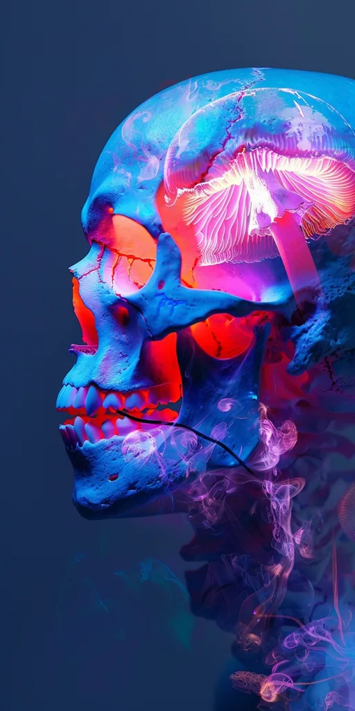 The image depicts a human skull, rendered in a vibrant blue and purple color scheme. The skull is partially filled with a luminous pink mushroom, while ethereal swirls of pink smoke emanate from its mouth and jaw, creating an otherworldly atmosphere. The skull is silhouetted against a deep blue background, enhancing the dramatic effect of the image.