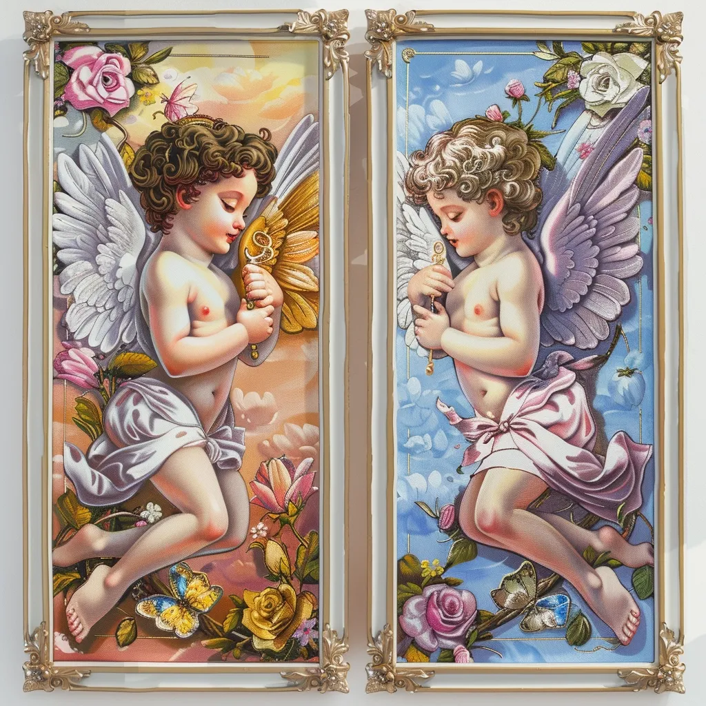 Two framed paintings depict cherubic angels, each with white wings and a gold halo, against a floral background. One cherub holds a golden key, the other holds a silver key. The angel on the left has golden wings and a peach background, while the angel on the right has pink wings and a blue background. Both cherubs are positioned with their bodies turned slightly away from the viewer, their wings spread behind them. Butterflies adorn the bottom of each painting.