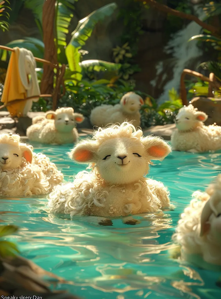 A group of fluffy white sheep are enjoying a relaxing swim in a turquoise pool. Sunlight filters through the surrounding greenery, illuminating the water and casting shimmering reflections. The sheep appear content and playful, their soft, curly fur contrasting beautifully with the vibrant blue water. The scene evokes a sense of tranquility and peacefulness, suggesting a whimsical and idyllic day.
