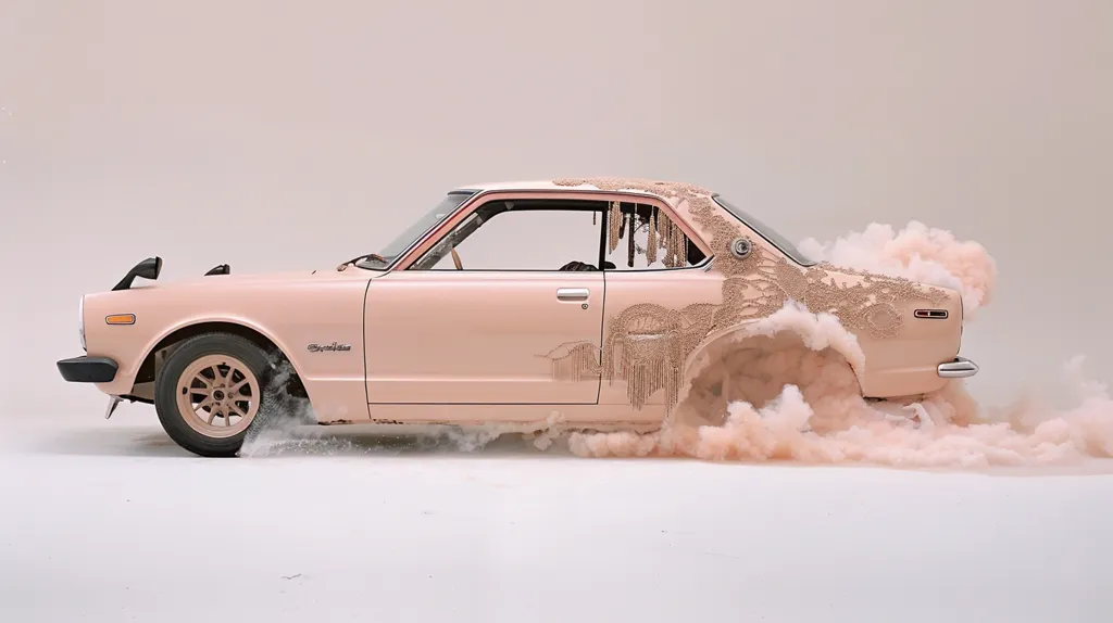 A pink vintage car is driving through a cloud of pink smoke. The car is decorated with delicate, intricate embroidery, and the smoke trails behind it like a fluffy, pastel dream. The car is in sharp focus, while the background is a soft, blurred pink. The image captures a whimsical and dreamy aesthetic.
